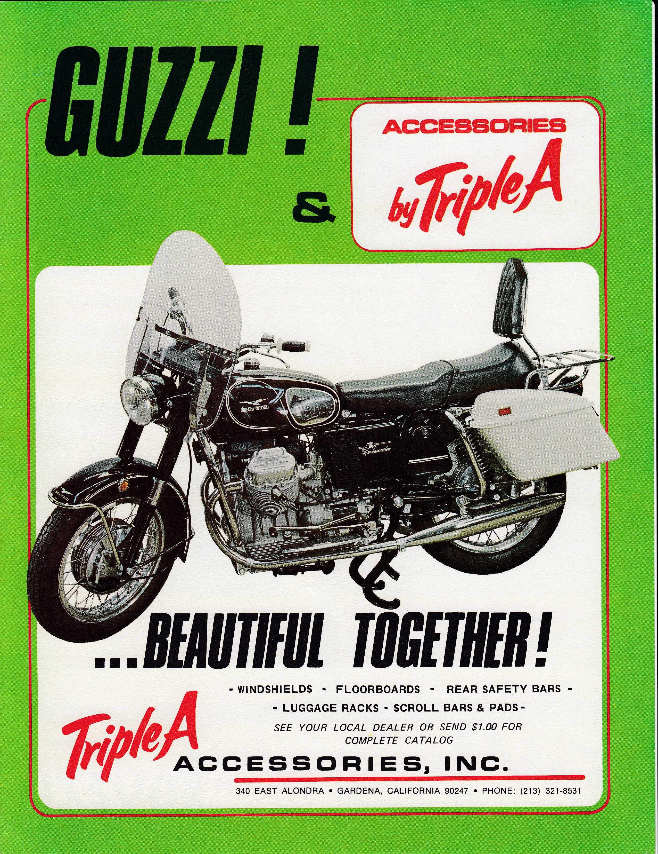 Moto Guzzi advertisement: Triple A accessories for Moto Guzzi motorcycles.