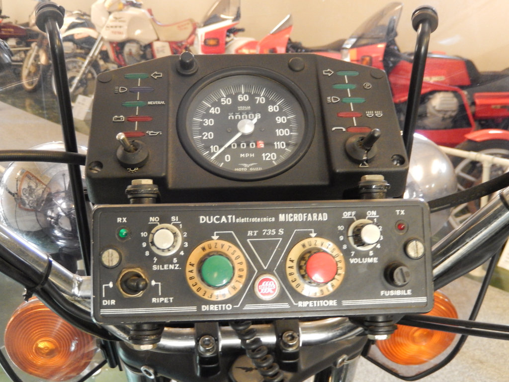 Close up of police radio and dash on a Moto Guzzi V1000 I-Convert California Police. Photo taken at the Moto Guzzi factory museum.