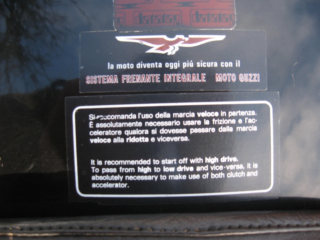 Decal as affixed to the top of a Moto Guzzi I-Convert fuel tank. Norman states: They are from a 1981 UK registered Convert but I've no way of knowing if the tank is original to that bike.