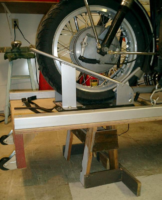 Detail of front wheel in Harbor Freight wheel chock, with saw horse support.