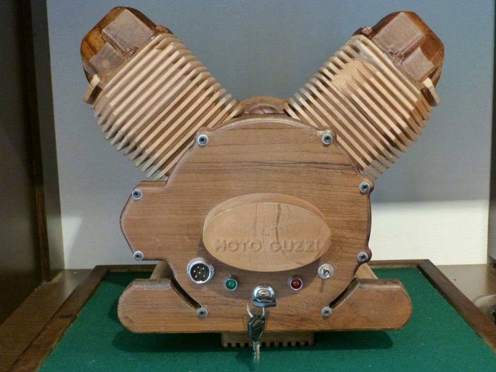 Wood model of a Moto Guzzi engine.