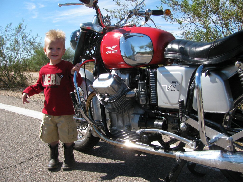 Robert Scharf's Moto Guzzi V700 with Abraham Zane Bender.