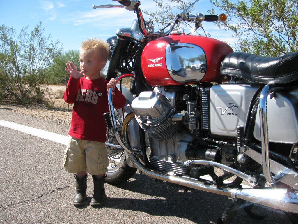 Robert Scharf's Moto Guzzi V700 with Abraham Zane Bender.