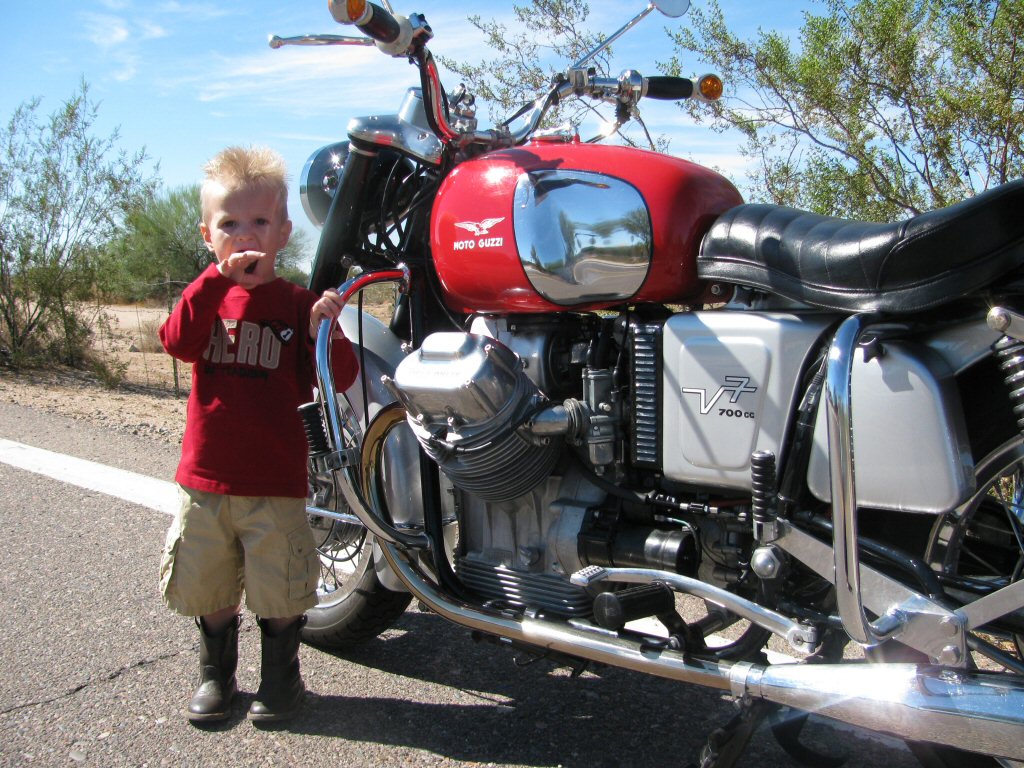 Robert Scharf's Moto Guzzi V700 with Abraham Zane Bender.