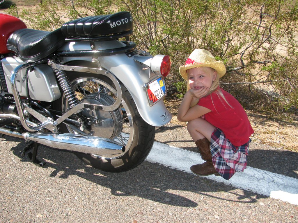 Robert Scharf's Moto Guzzi V700 with Darby Anne Bender.