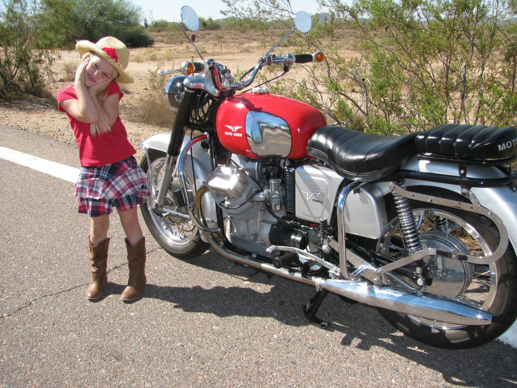 Robert Scharf's Moto Guzzi V700 with Darby Anne Bender.