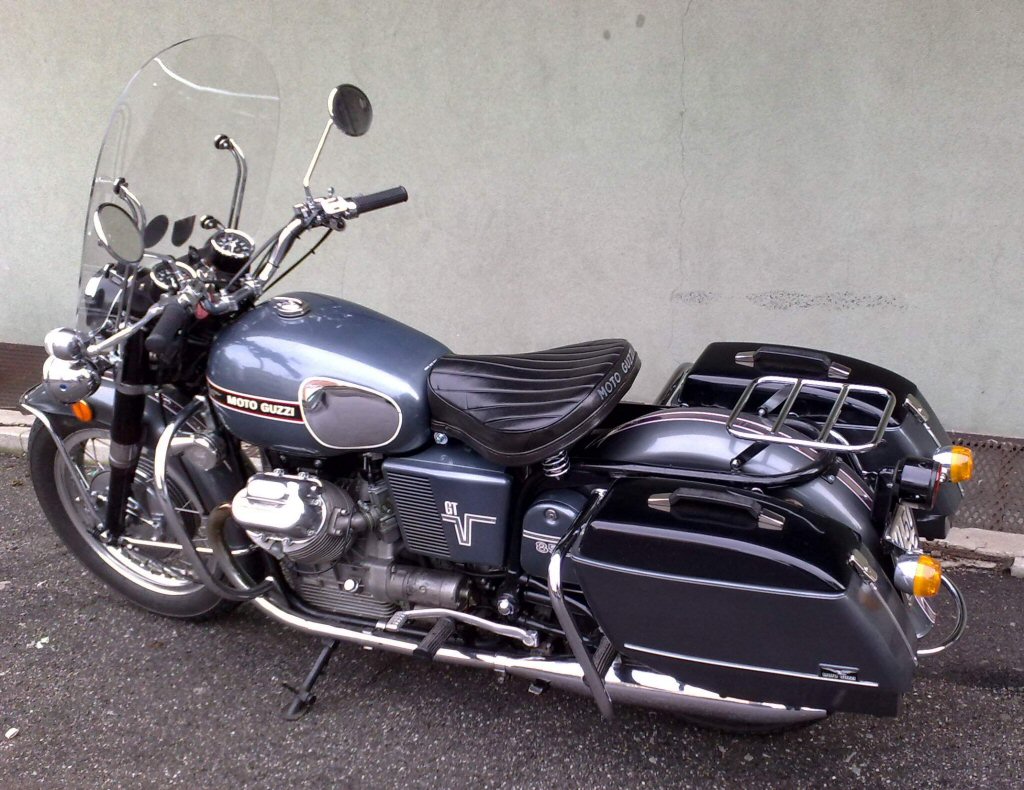 Stucchi saddlebags modeled after the original Moto Guzzi saddlebags (larger).