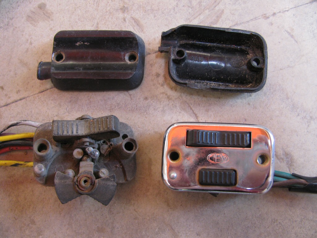 Left handlebar switch for actuating the parking lights, low and high beam headlights, and horn (MG# 12746001). Also shown is both sides of the plastic piece that fits between the switch and the clutch lever perch.